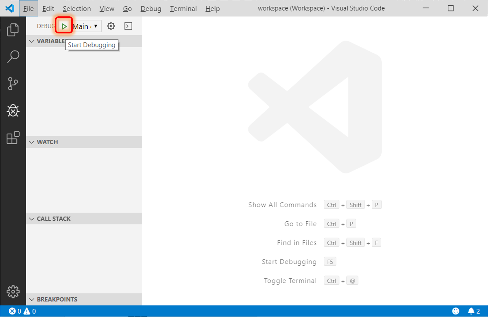 vscode debug start button en