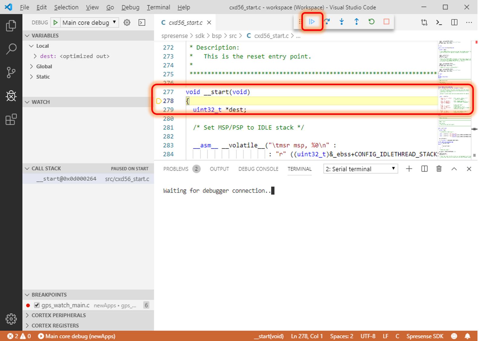 vscode debug started en