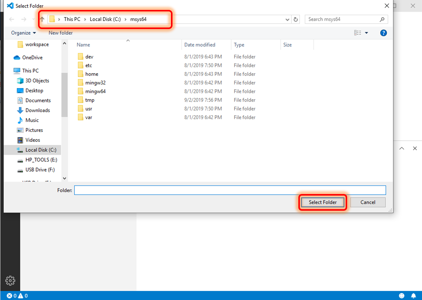 vscode msys2 folder en